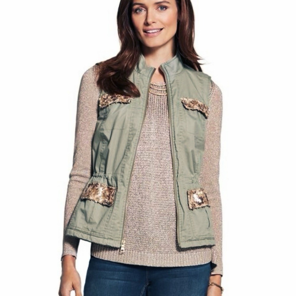 Chico's Utility Vest Army‎ Green Chico 2 US Large 12 Sequined Military Inspired
